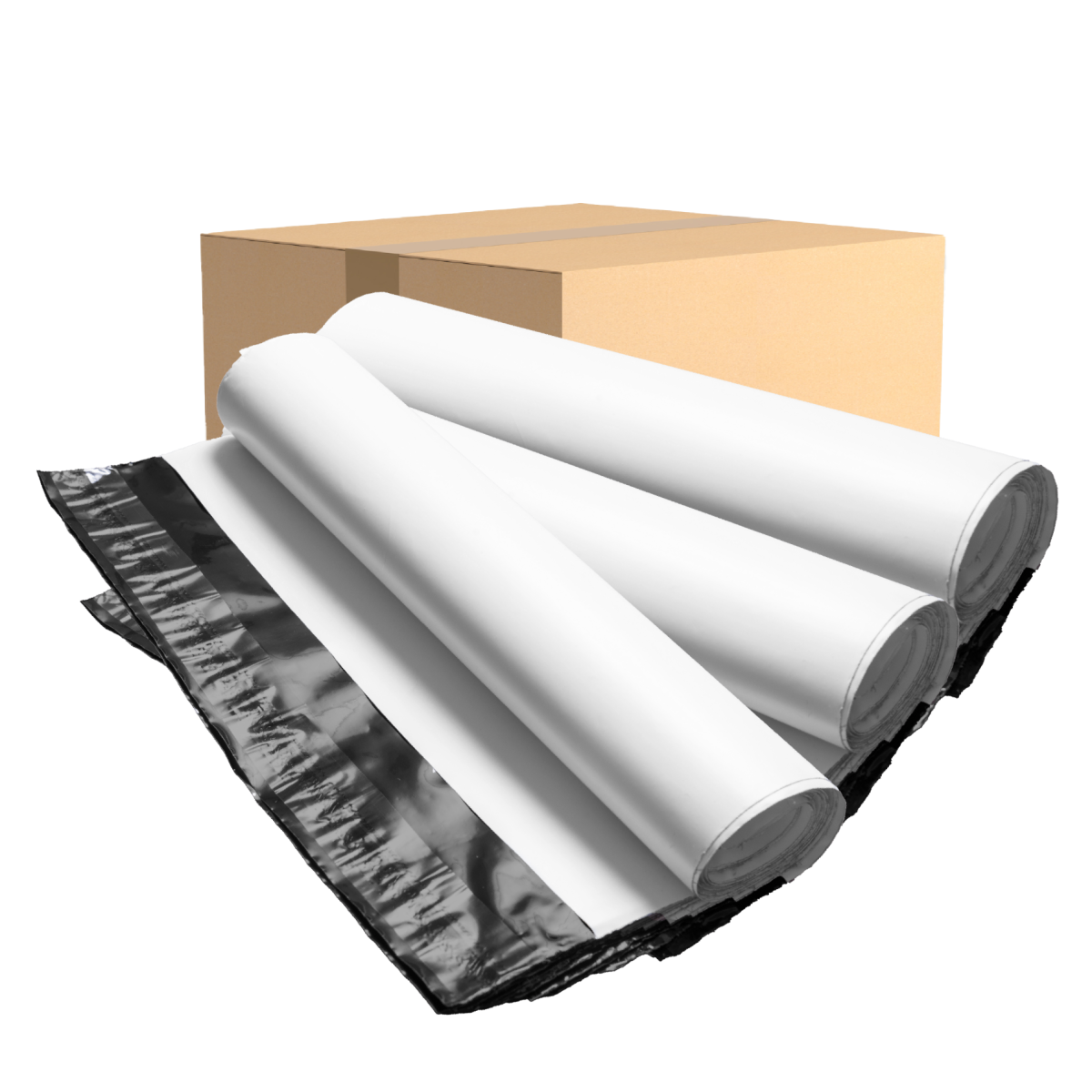 Trzy zwinięte foliopaki B4 260/350mm z ukazaną częścią zabezpieczającą na tle kartonu