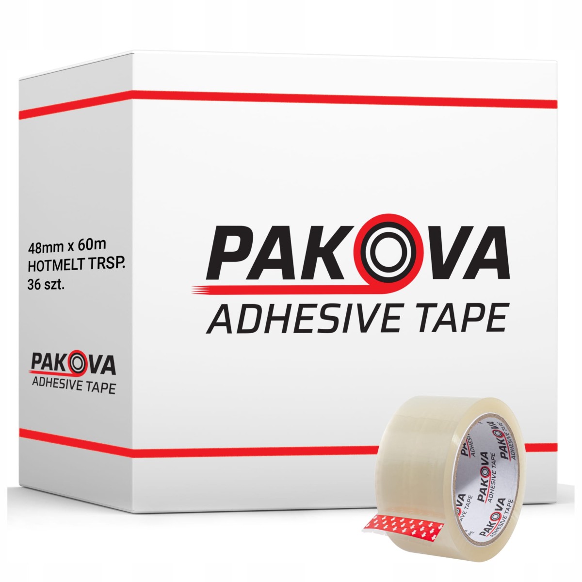 Taśma pakowa HOT MELT transparent 48/66yard na tle kartonu zbiorczego