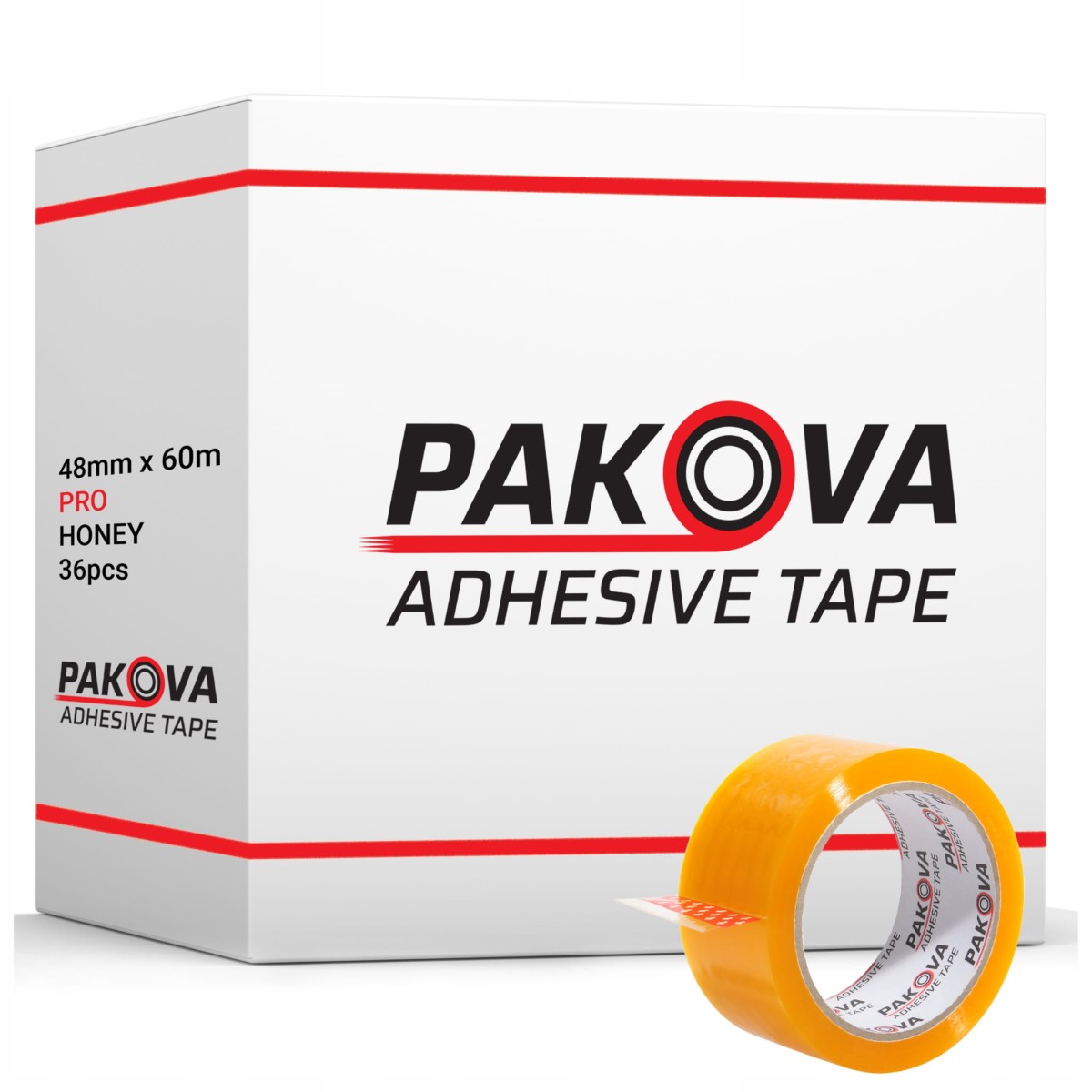 Taśma pakowa PAKOVA PRO 48/66 HONEY MIODOWA na tle kartonu zbiorczego