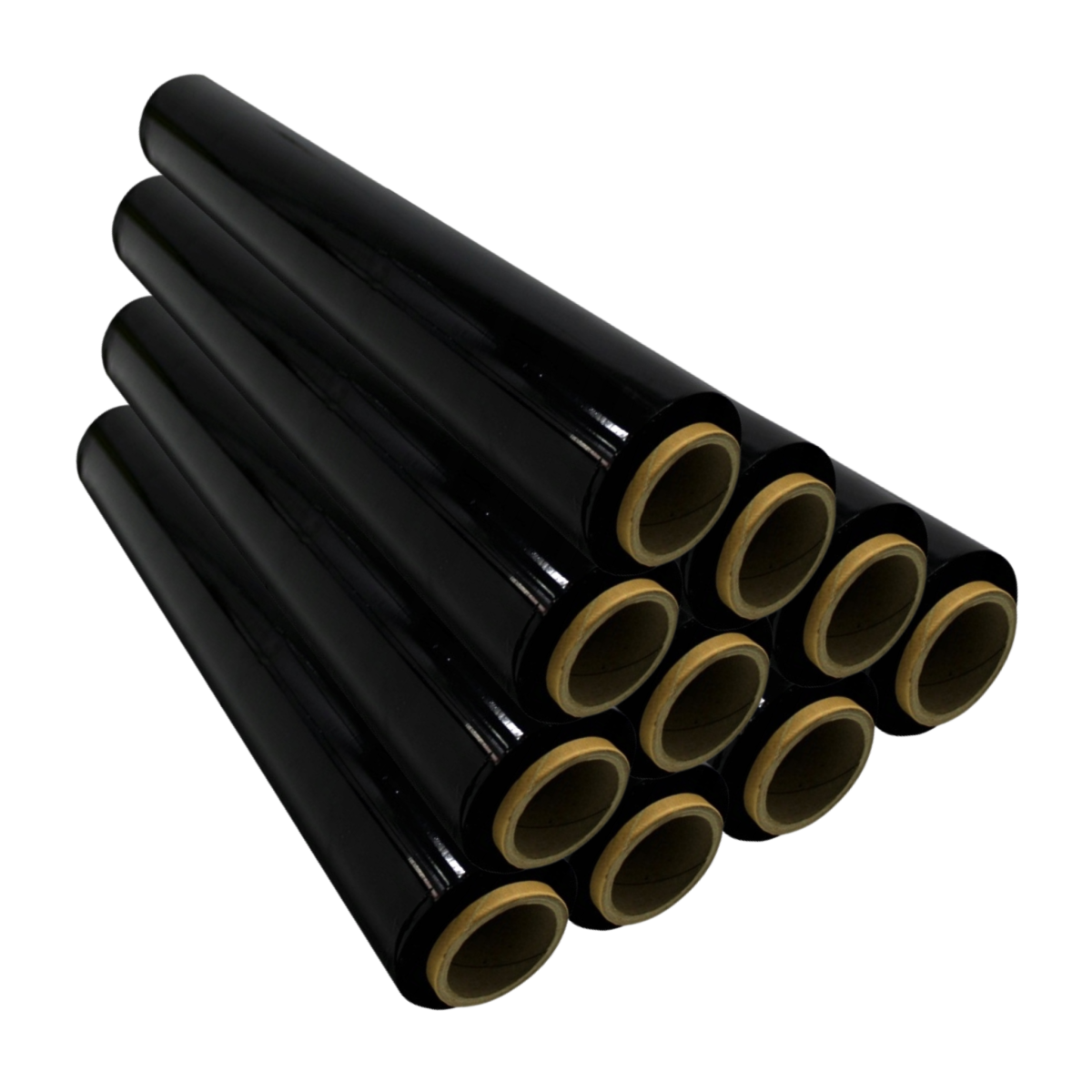 Stos 10 rolek czarnej folii stretch 2kg na białym tle