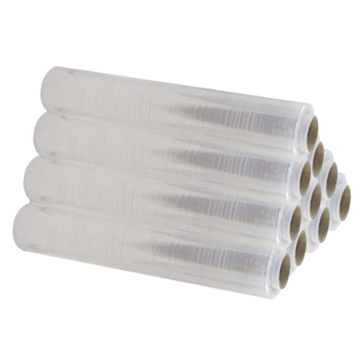 Stos rolek stretcha transparentnego 3kg mini tuleja na białym tle